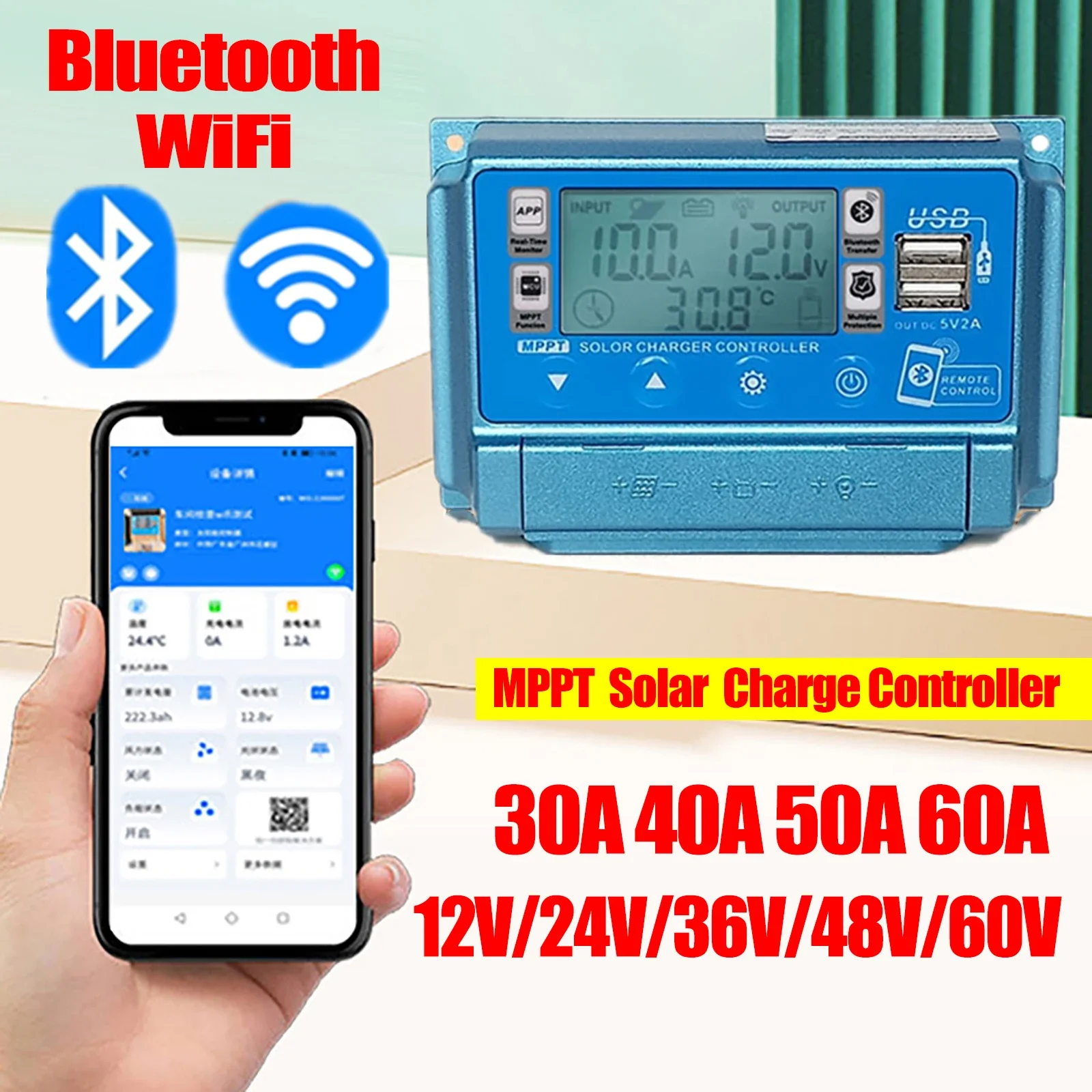 Drone Solar Charger - 12V24V36V48V60V 30A/40A/50A/60A High Definition LCD Digital